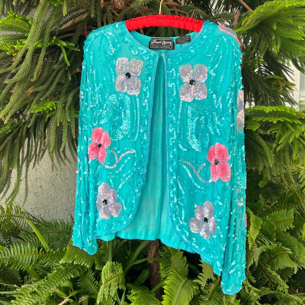 Turquoise Pink 100% Silk Floral Sequin Short Jacket | Hand Embroidered | Small